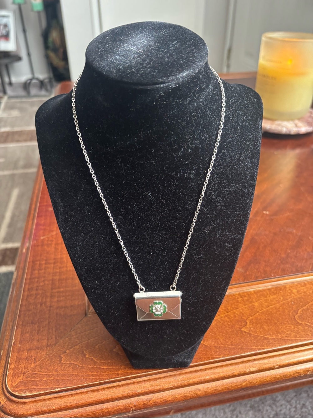 Brighton Silver Envelope Locket Necklace with Green Floral Accent